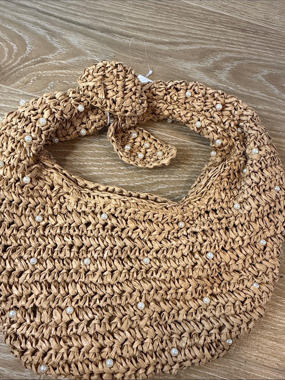 Haute Hippie Hand Bag Faux Pearls Natural Beige Straw Crescent Hobo Boho Coastal - Picture 7 of 9
